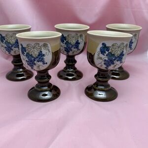 VTG Otagiri Blue Grapevine Goblet Set Stoneware MCM Wine Barware Japan